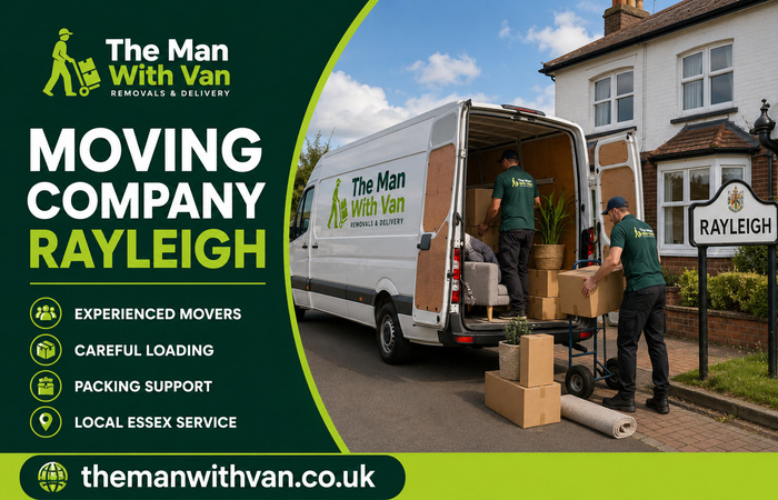 Rayleigh moving company van and movers loading in Essex