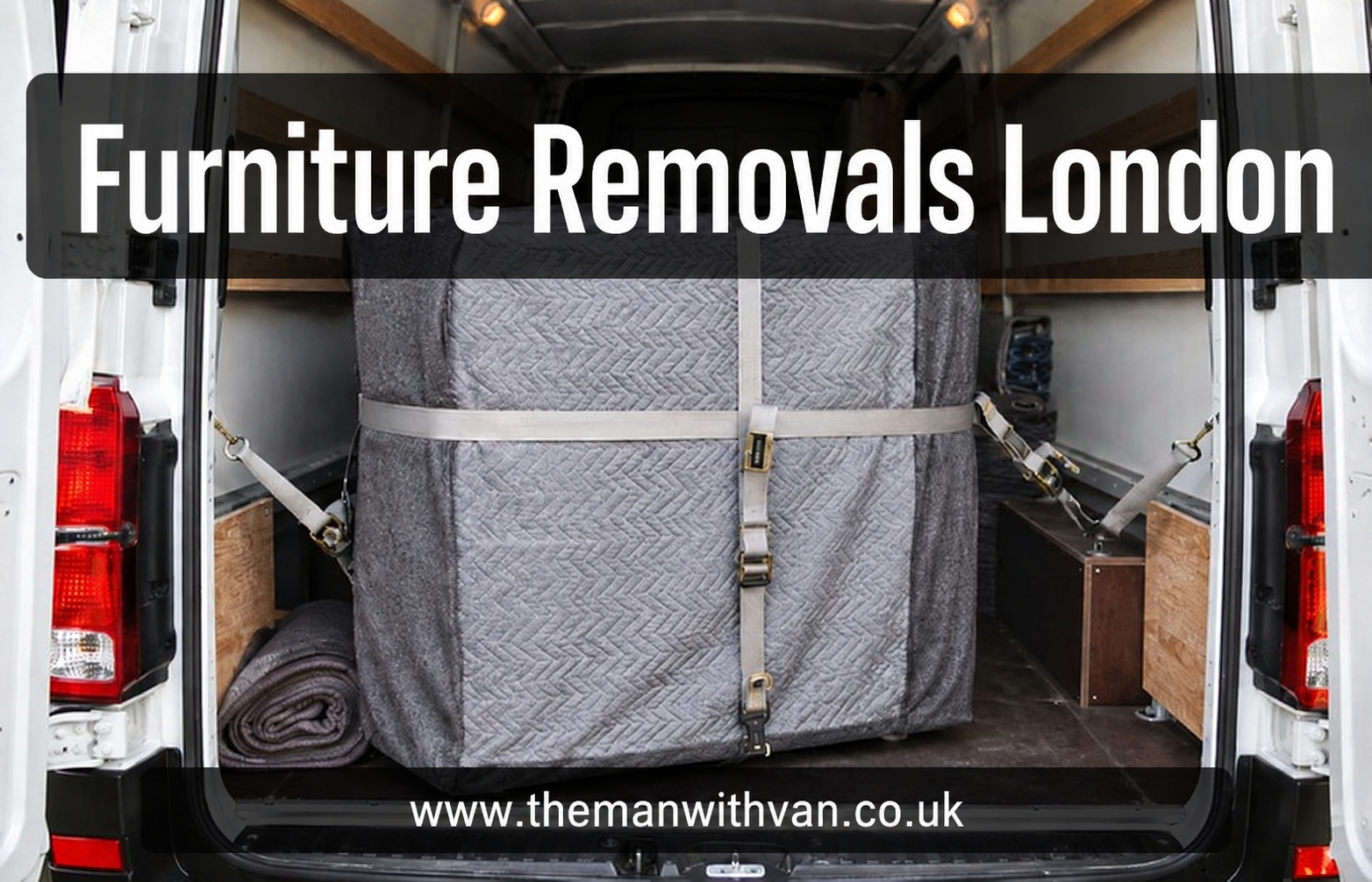 Wrapped furniture strapped safely inside a removal van in London