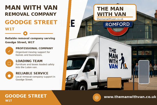 Man with a van removal company in Goodge Street, W1T