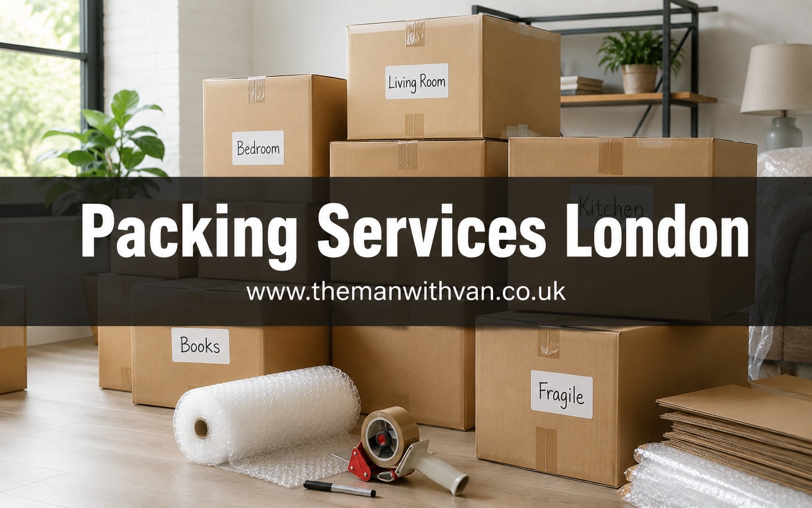 Neatly packed and labelled moving boxes ready for a London move
