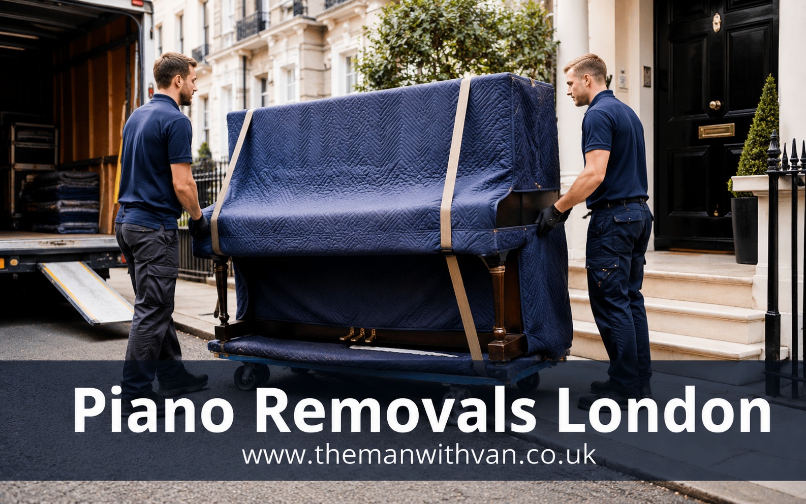 Piano removals in London, an upright piano wrapped for transport