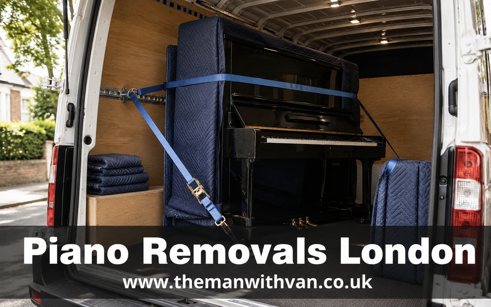 Piano secured with straps and padding inside a removal van in London