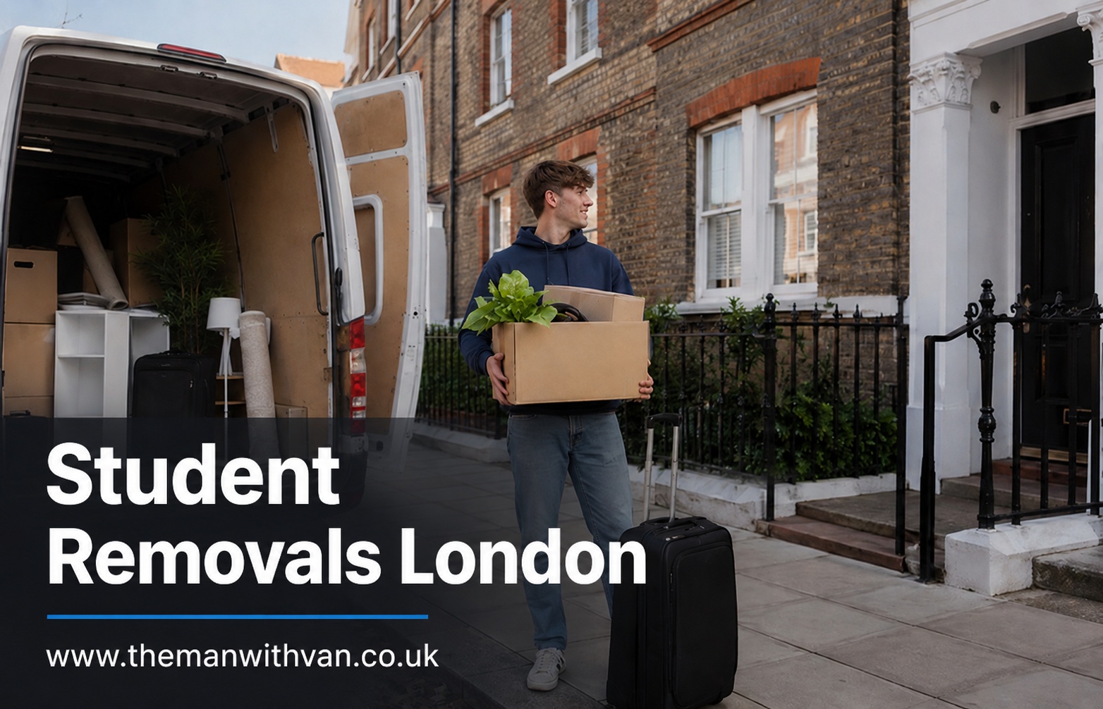 Student man with a van move in London with boxes and a suitcase