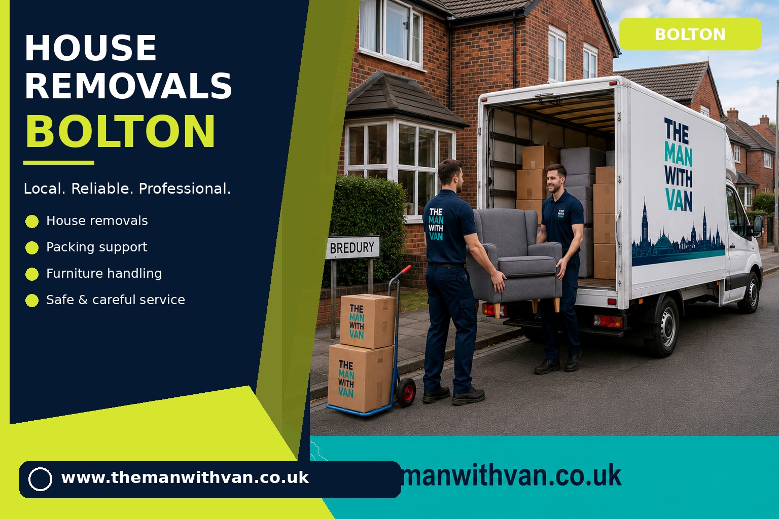 Movers carrying packed furniture during a Bolton removal job