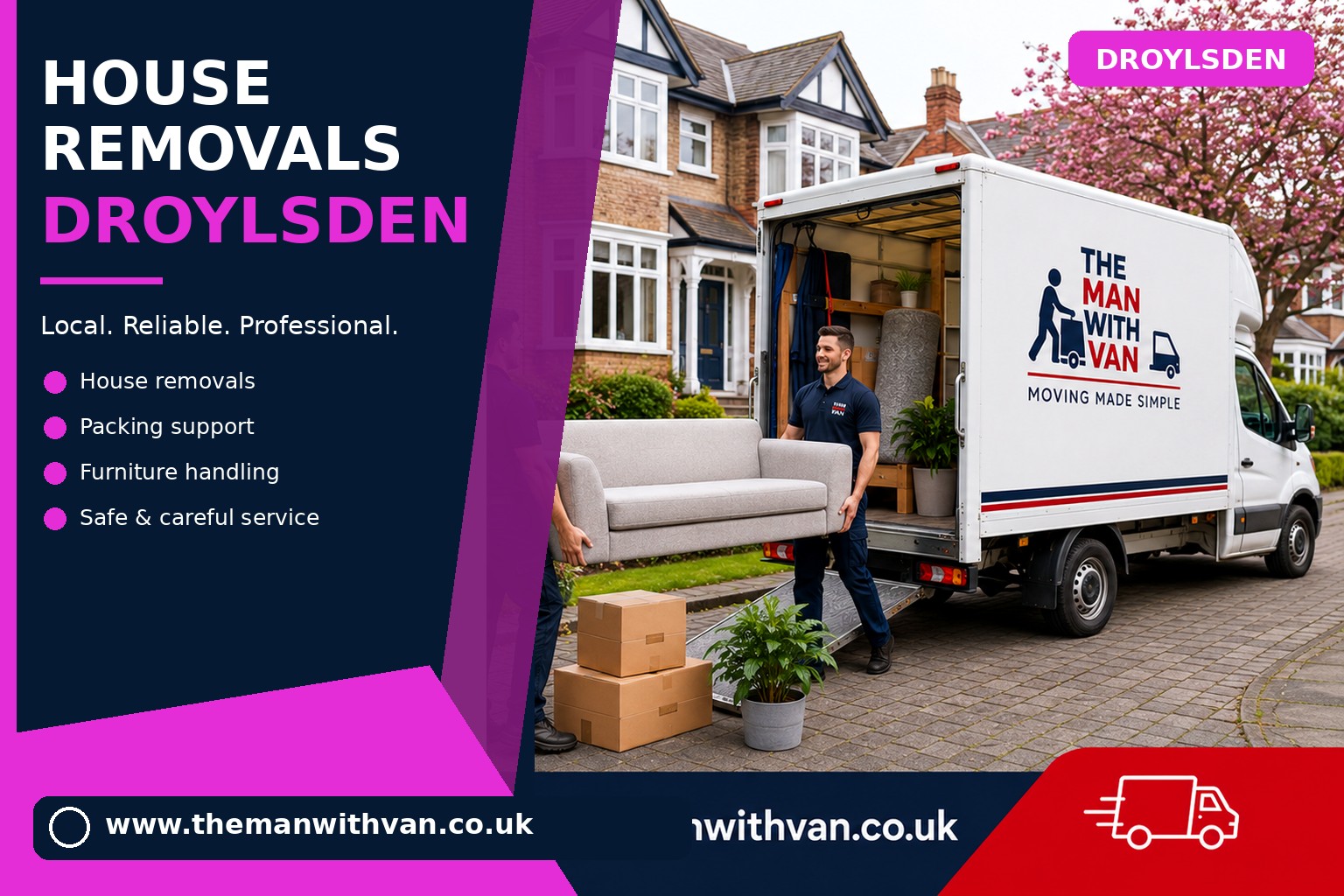 Movers and packers carrying furniture during a Droylsden house removal