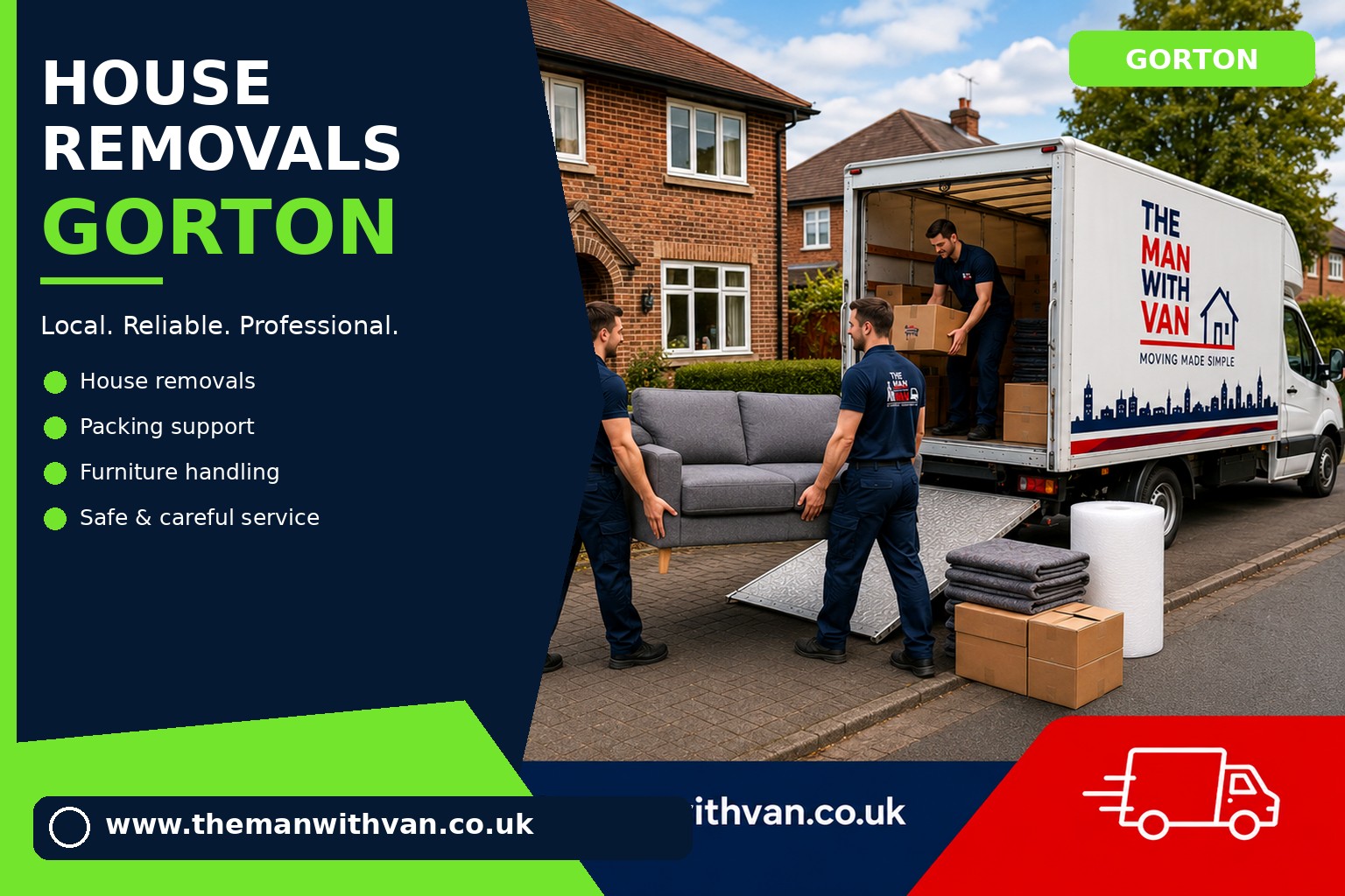 Movers carrying furniture during a Gorton house removal