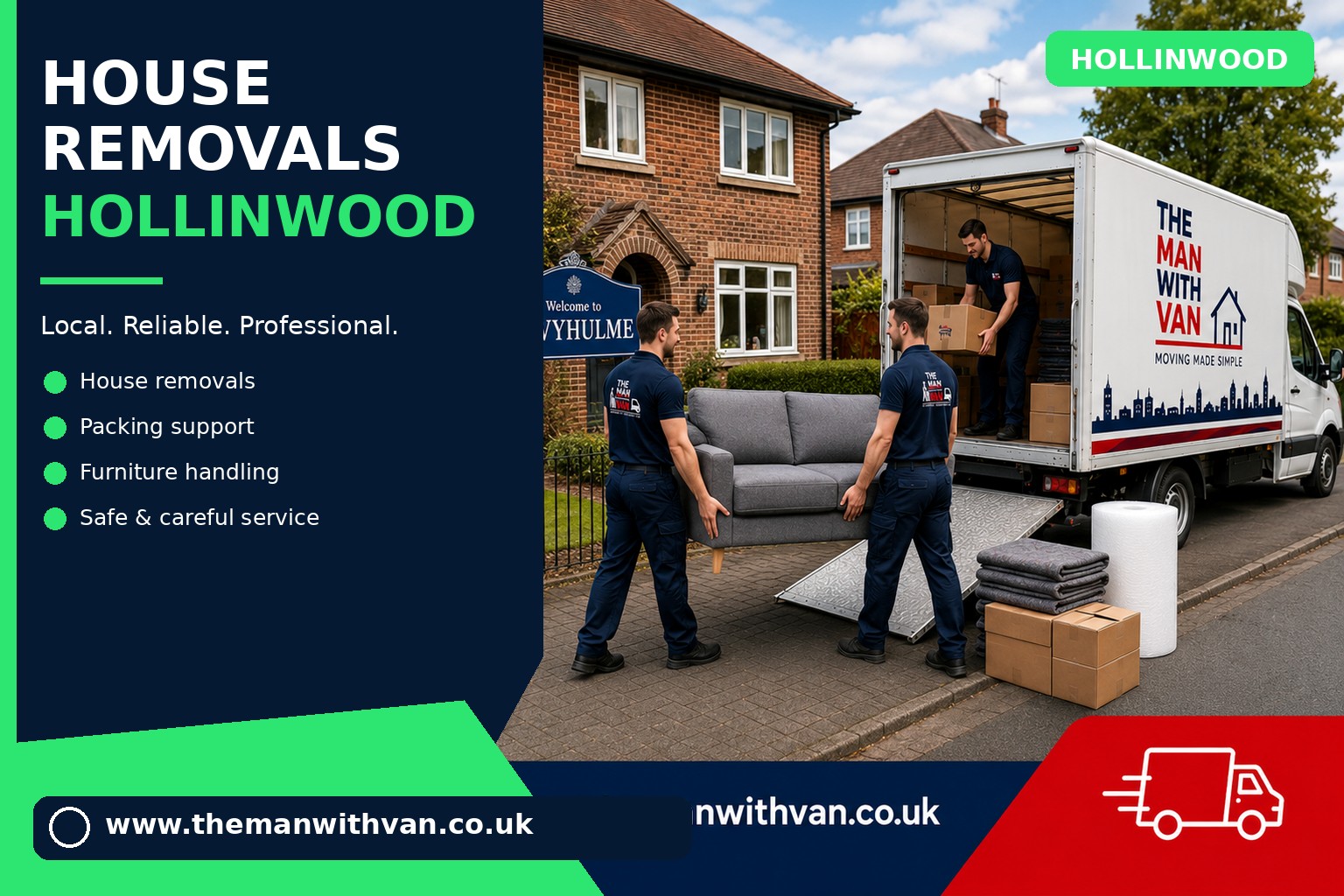 Movers carrying furniture during a Hollinwood flat removal
