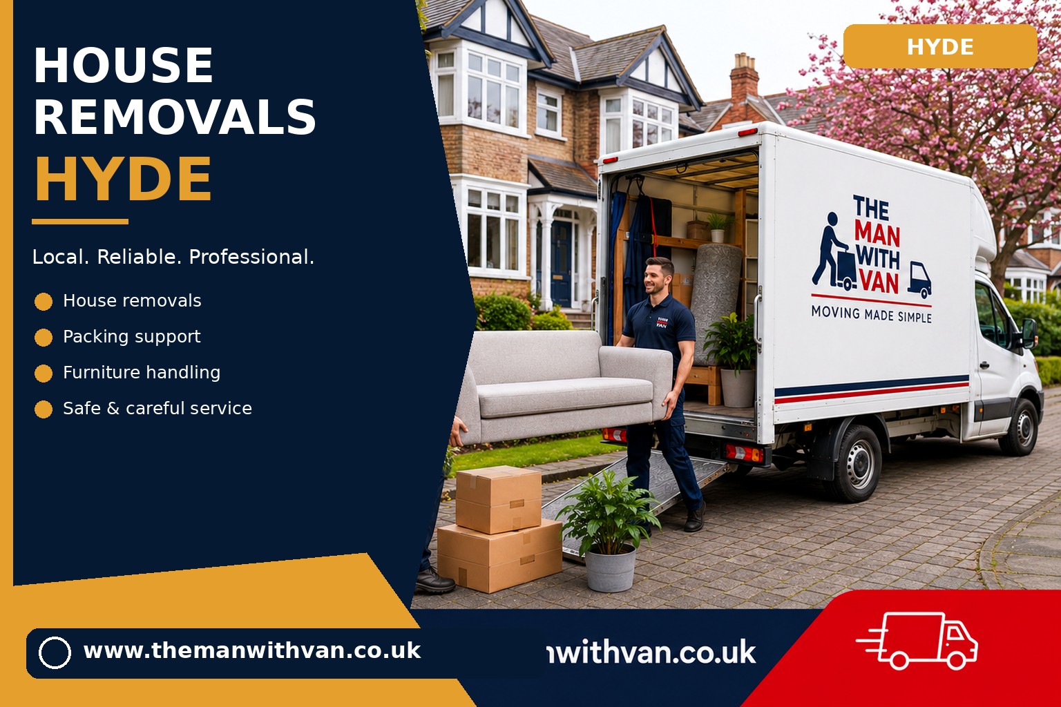 Movers carrying furniture during a Hyde flat removal