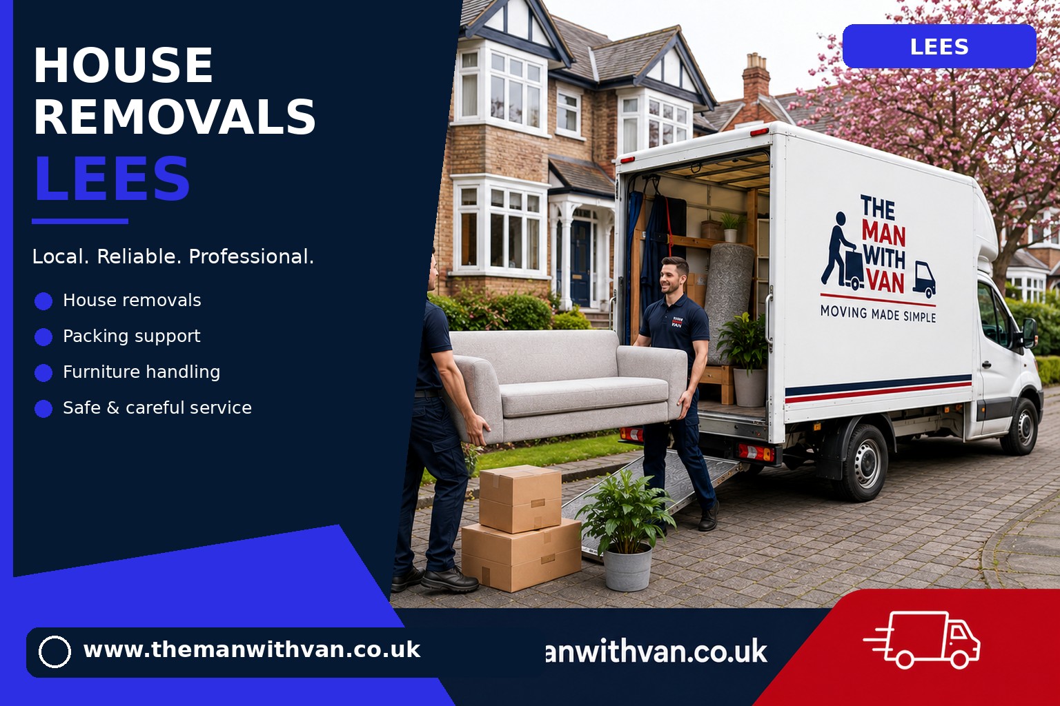 Movers carrying furniture during a Lees flat removal