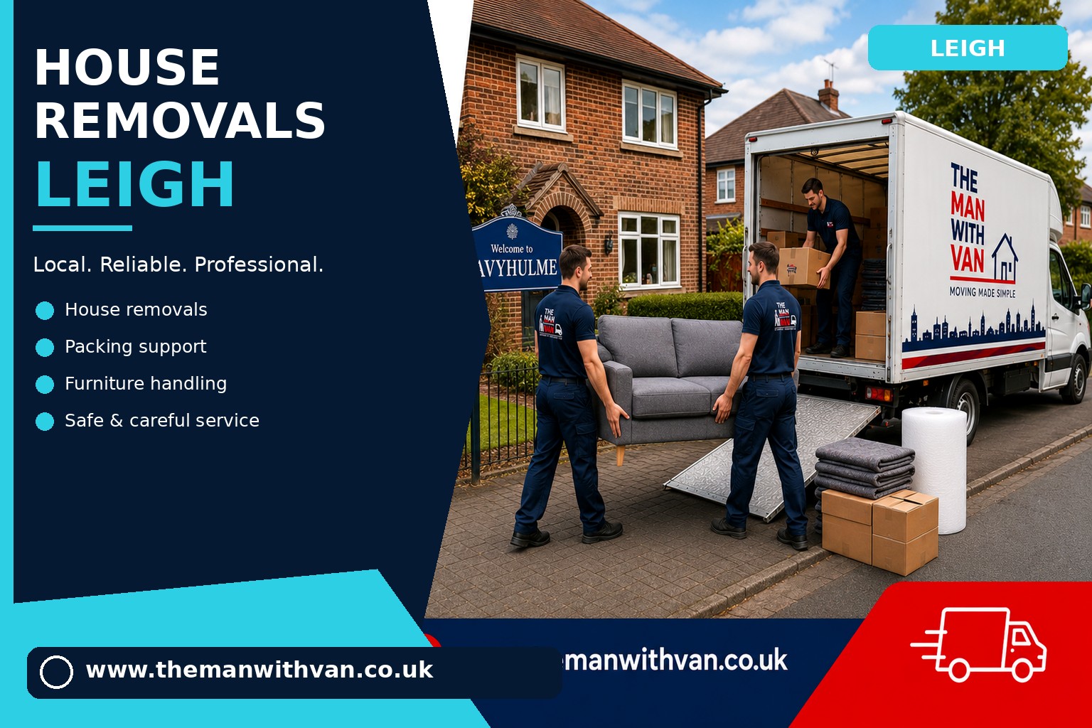 Movers carrying furniture during a Leigh house removal