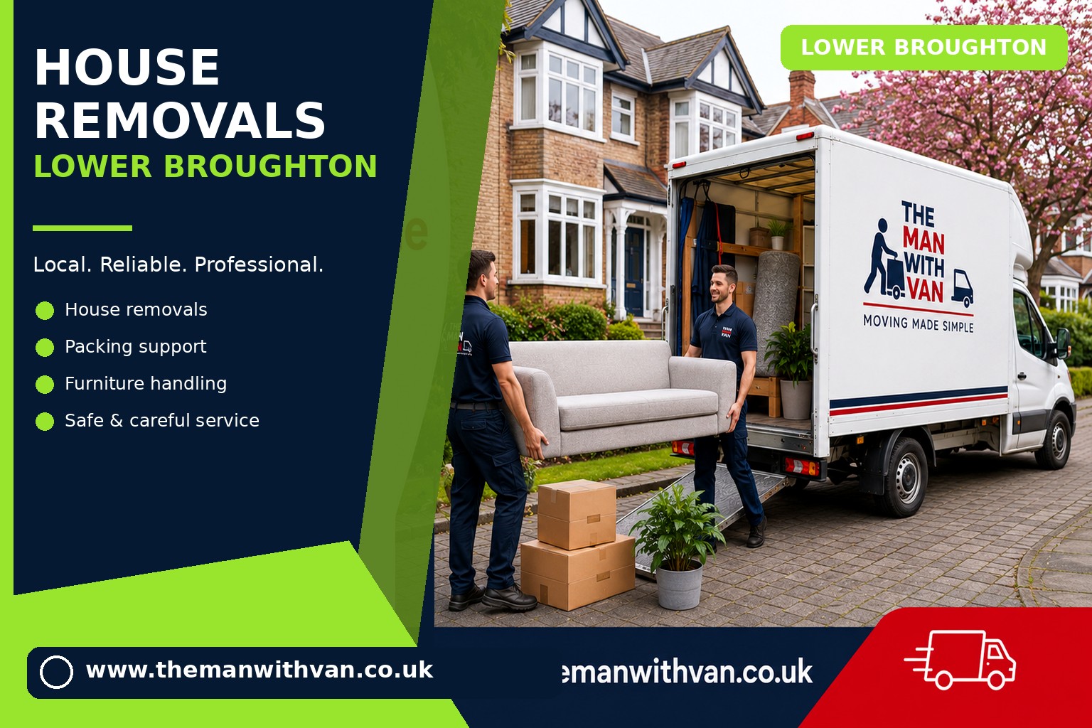 Movers carrying furniture during a Lower Broughton flat move
