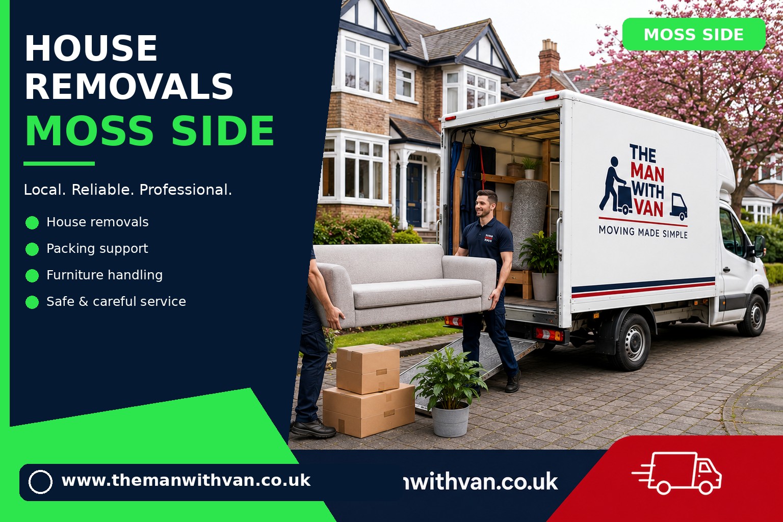 Movers carrying furniture during a Moss Side house removal