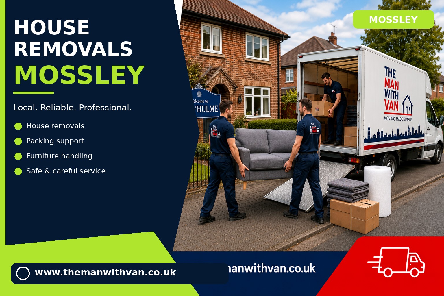 Movers and packers carrying furniture during a Mossley house removal