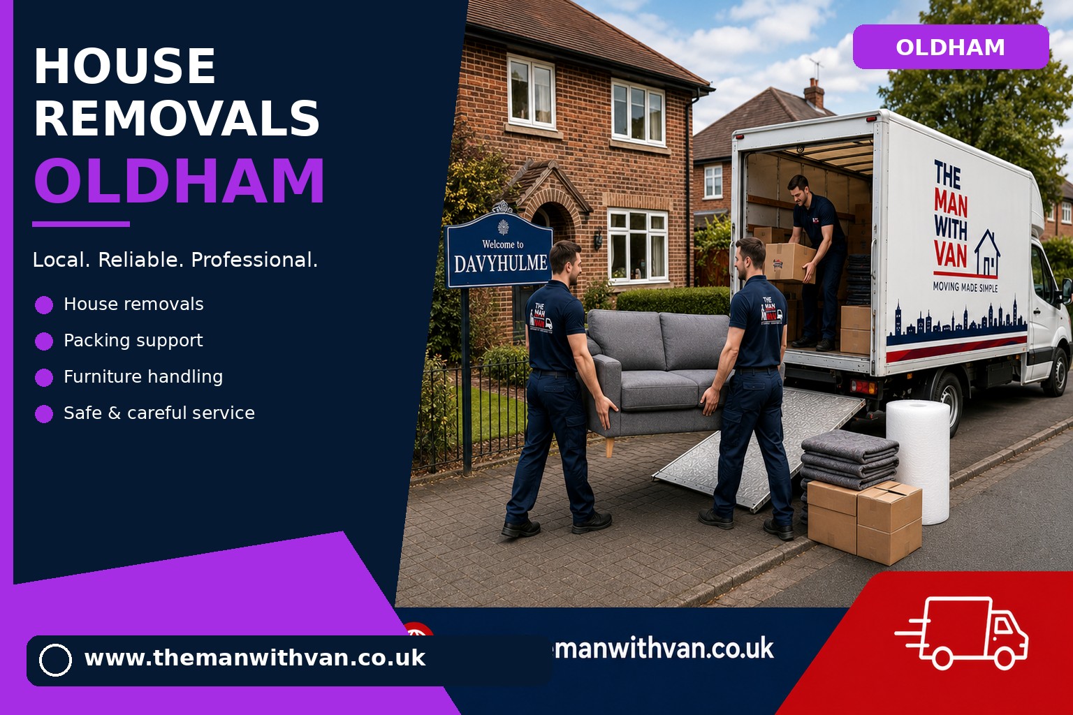 Movers carrying furniture during an Oldham flat removal