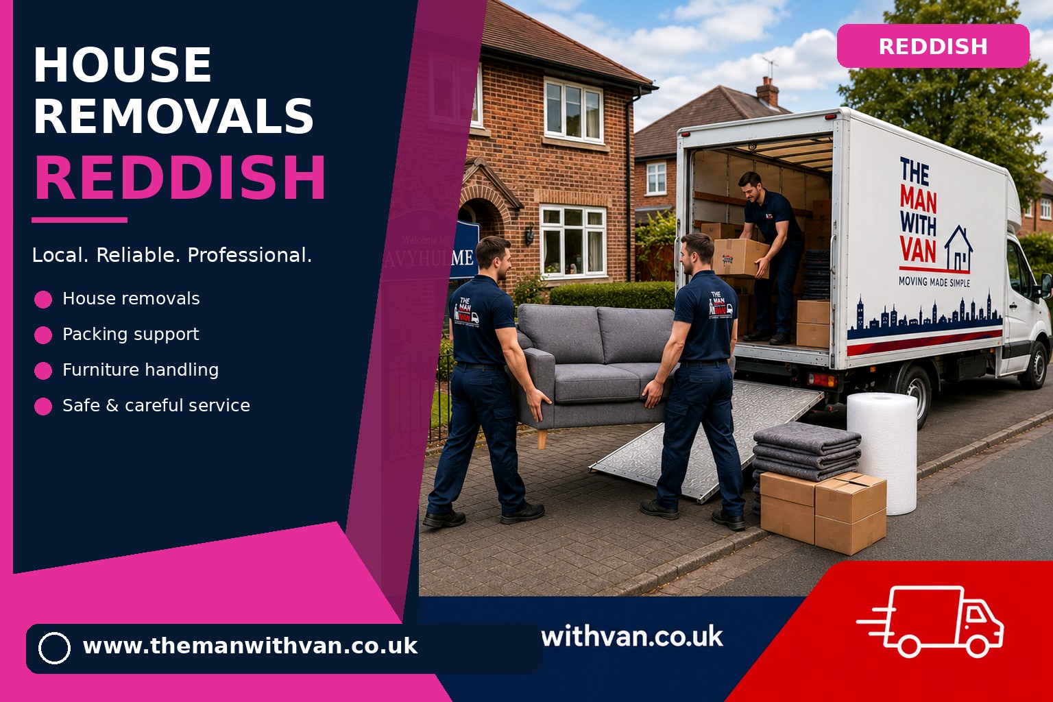 Movers carrying furniture during a Reddish house removal