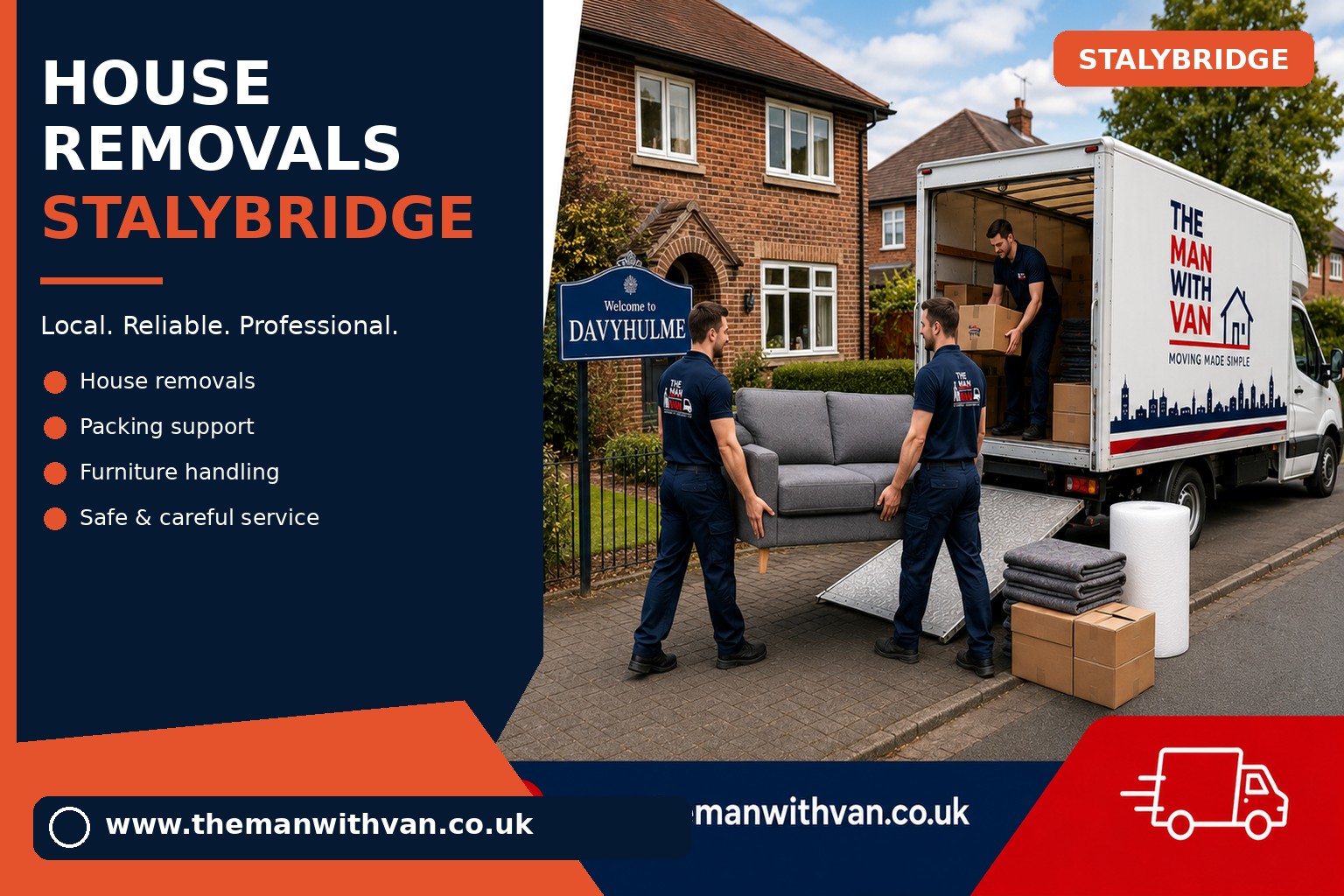 Movers carrying furniture during a Stalybridge house removal