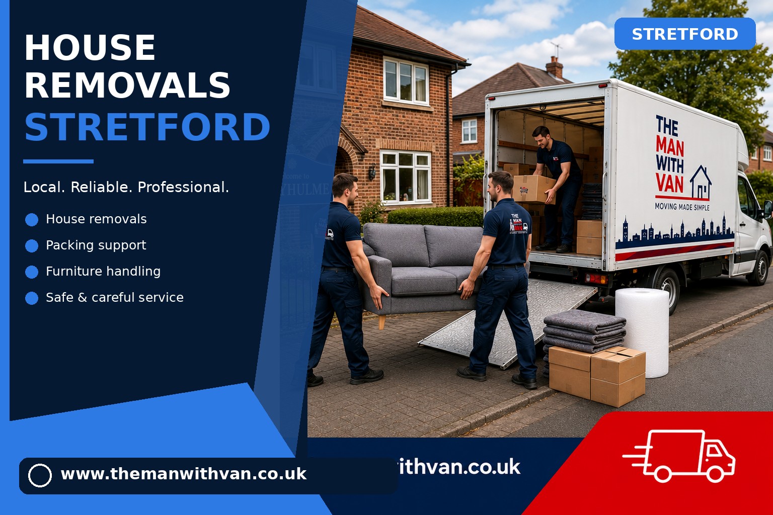 Movers carrying furniture during a Stretford house removal