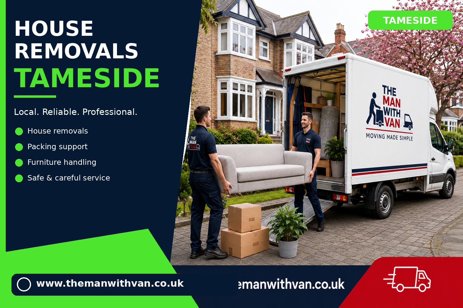 Movers carrying furniture during a Tameside house removal