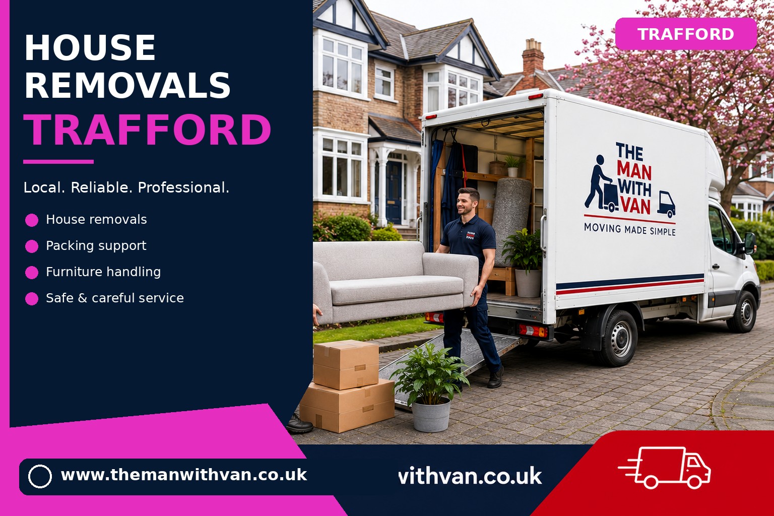 Movers carrying furniture during a Trafford house removal