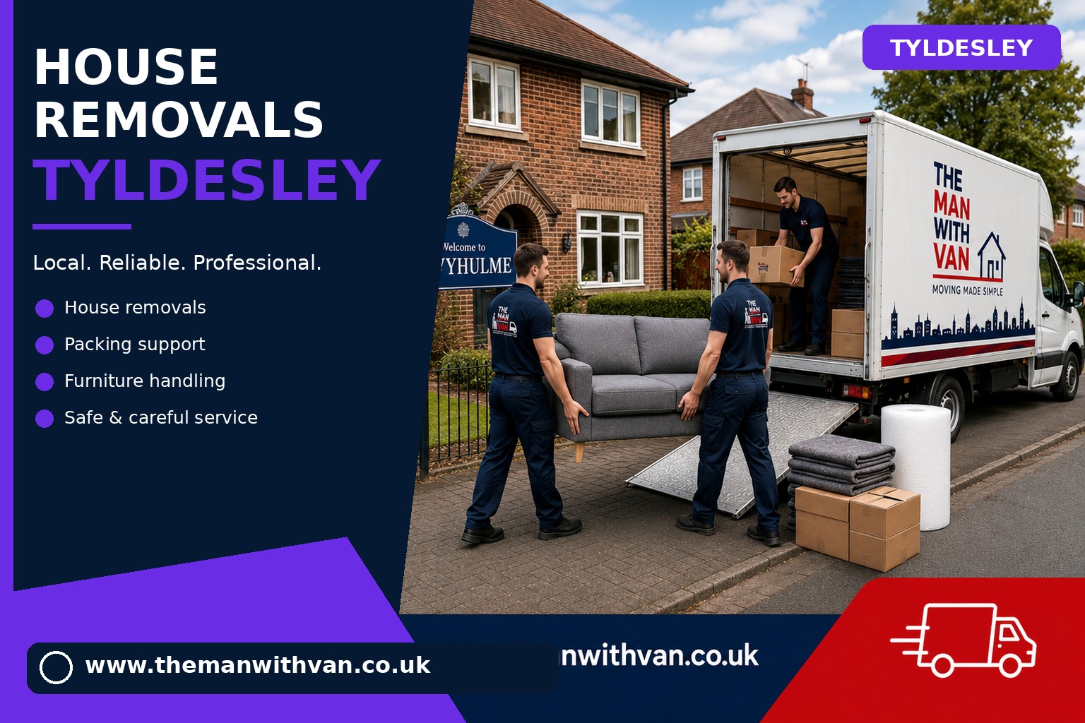 Movers carrying furniture during a Tyldesley house removal