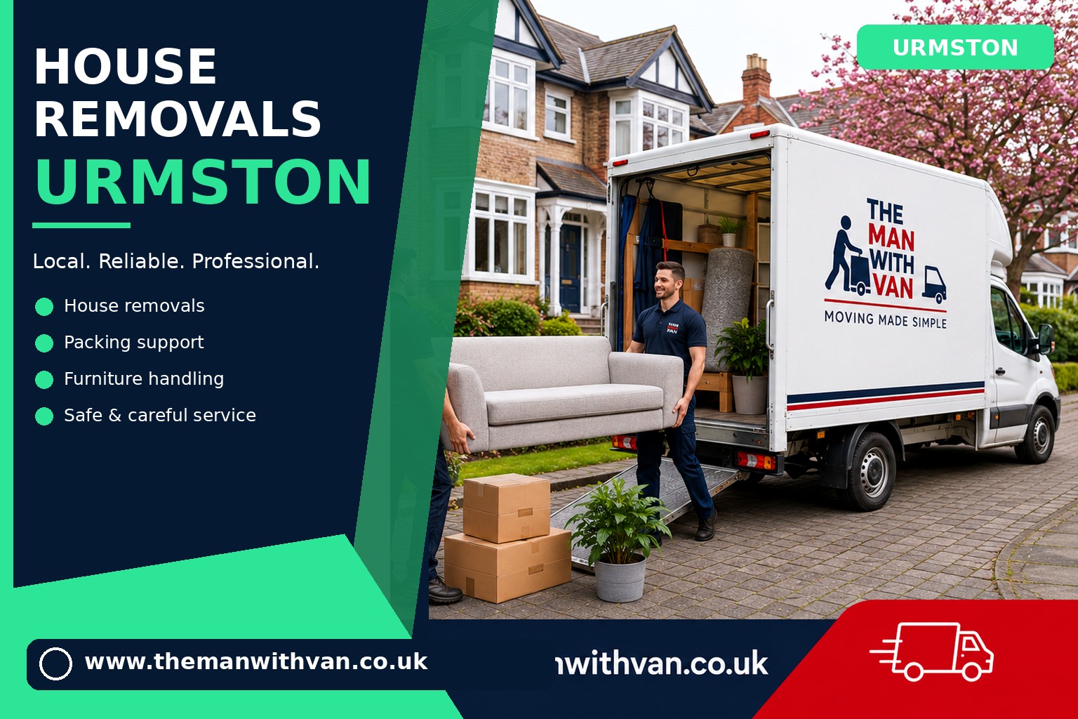 Movers carrying furniture during an Urmston house removal