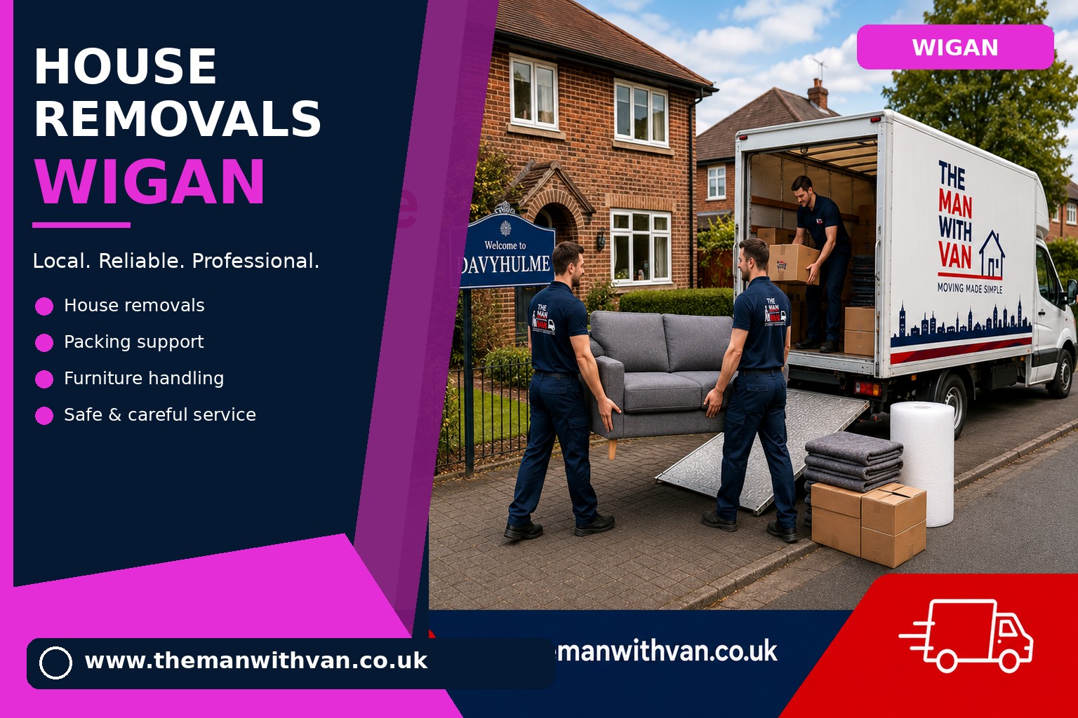 Movers carrying furniture during a Wigan house removal