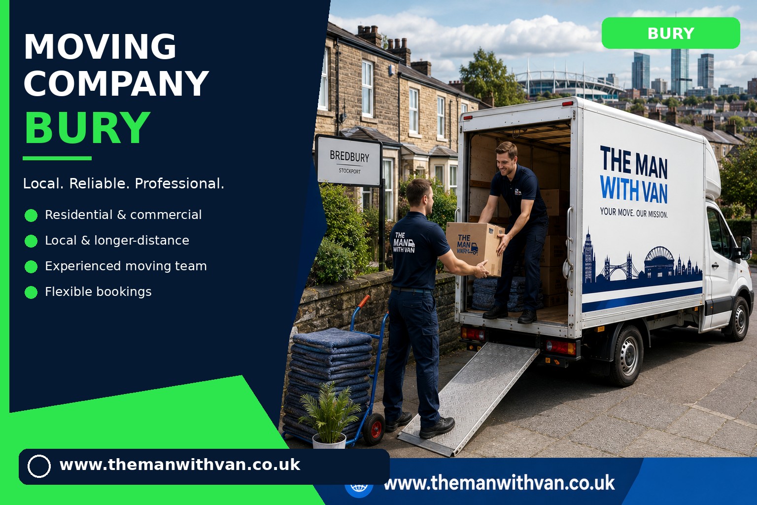 Moving team loading boxes and furniture for a Bury removals job