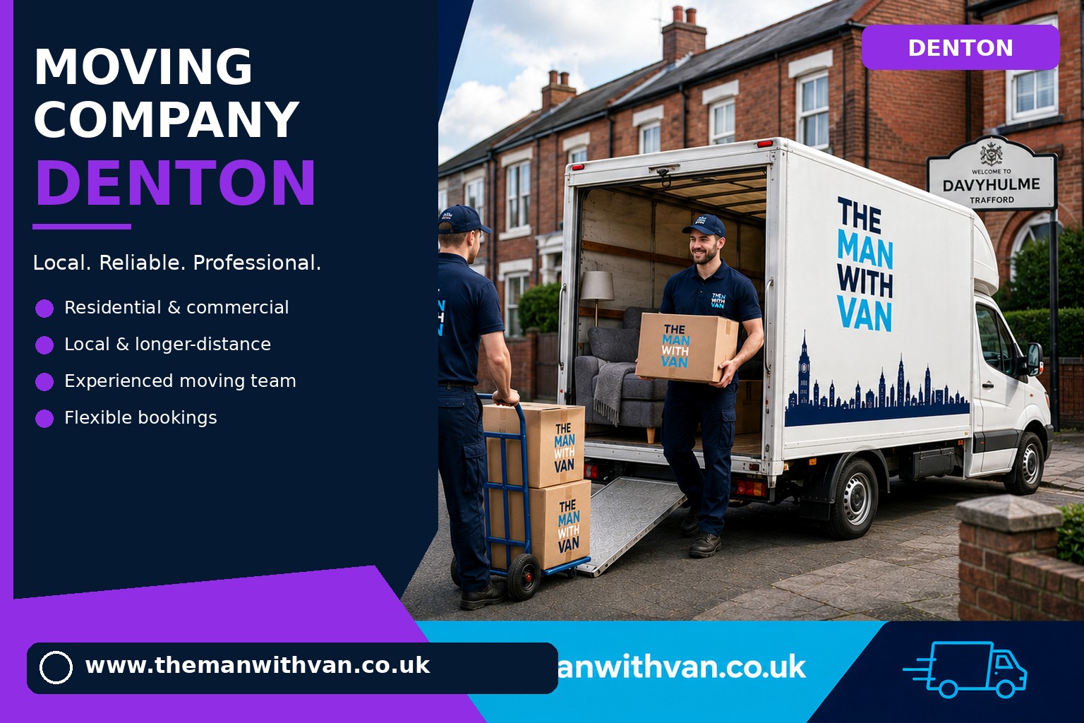 Moving team loading boxes and furniture for a Denton removals job