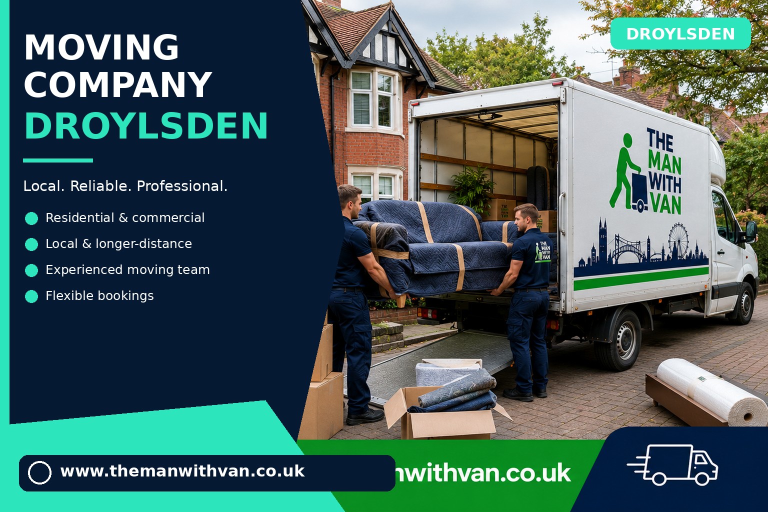 Moving team loading boxes and furniture for a Droylsden removals job