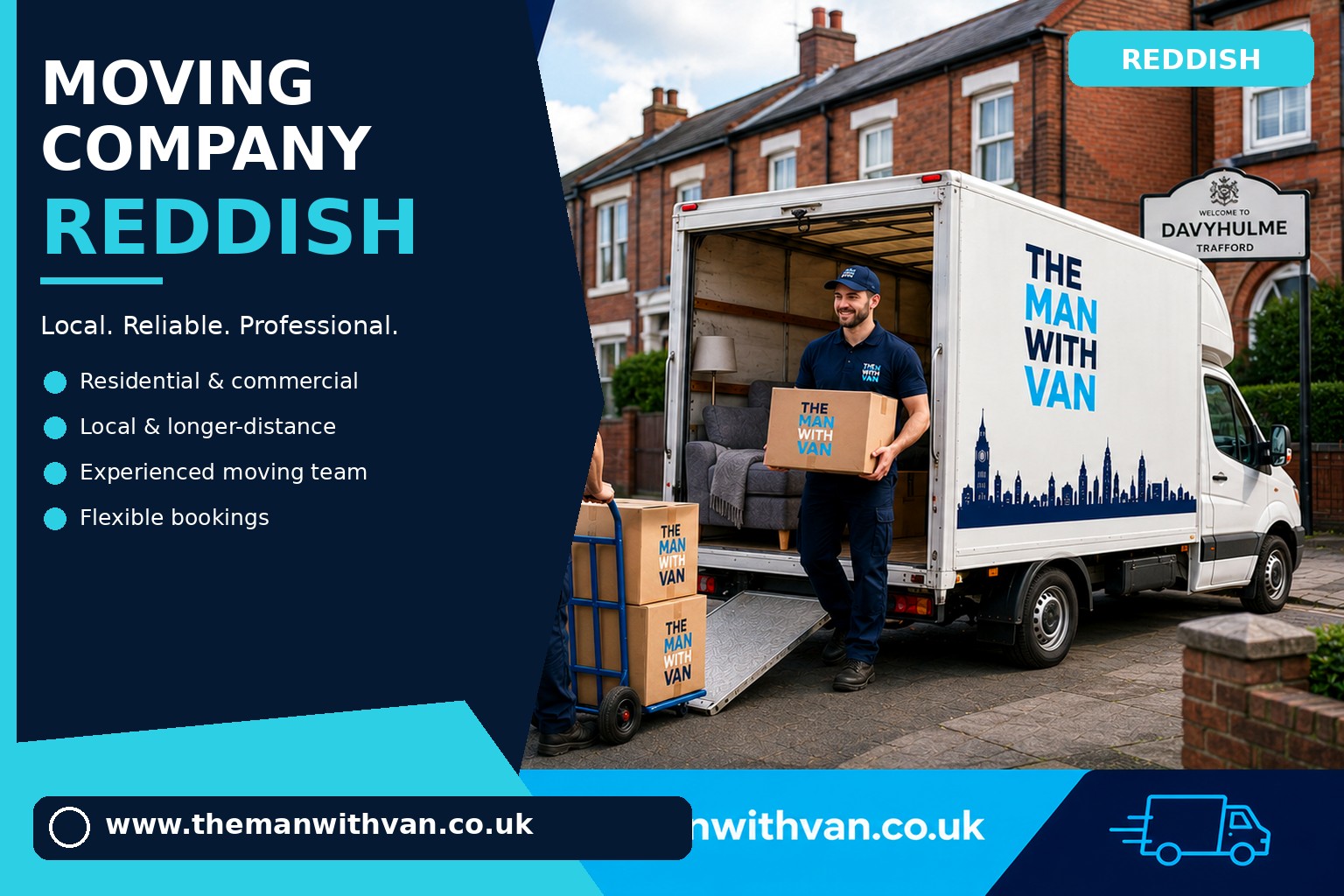 Moving team loading boxes and furniture for a Reddish removals job