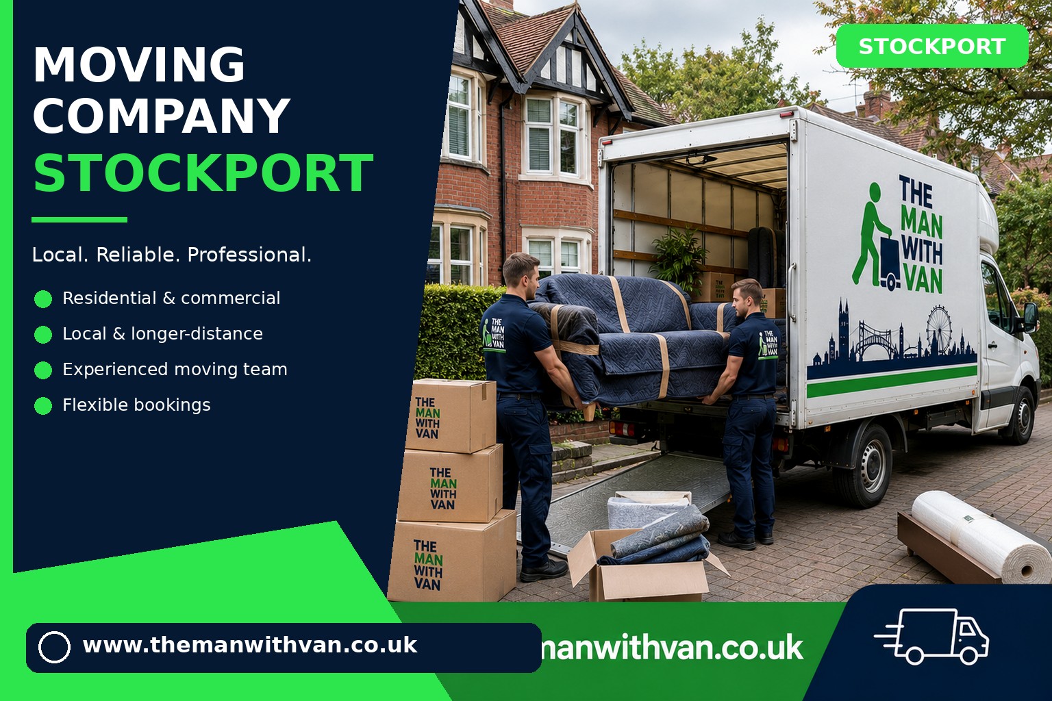 Moving team loading boxes and furniture for a Stockport removals job