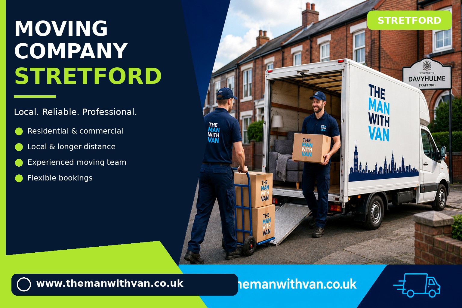 Moving team loading boxes and furniture for a Stretford removals job