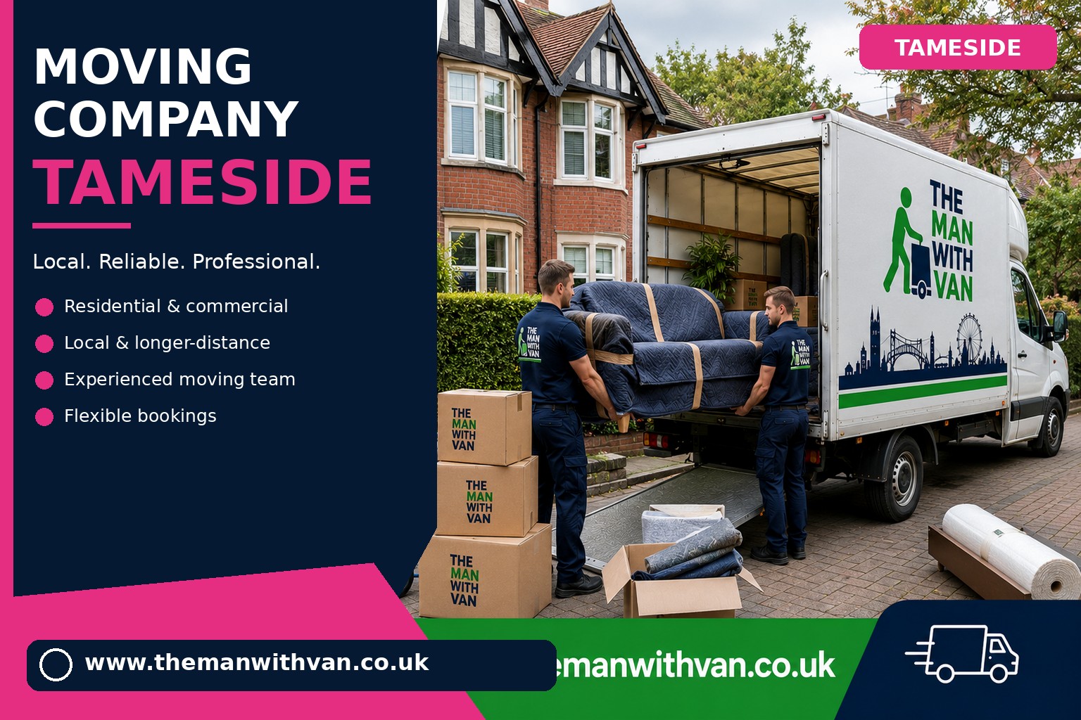Moving team loading boxes and furniture for a Tameside removals job