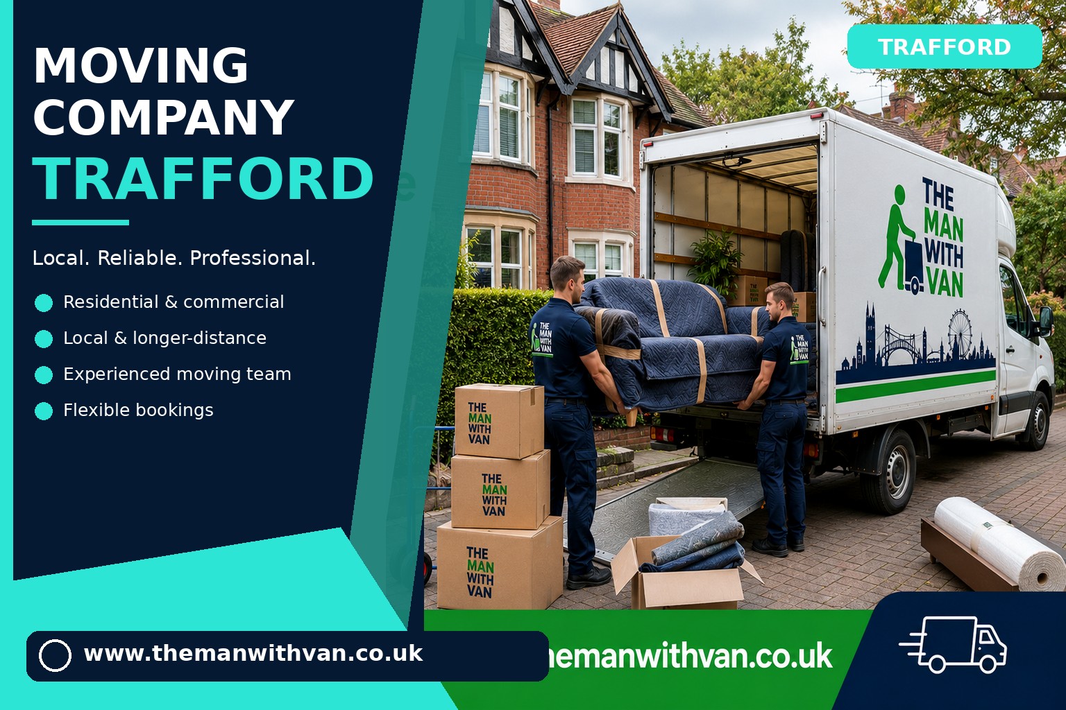 Moving team loading boxes and furniture for a Trafford removals job
