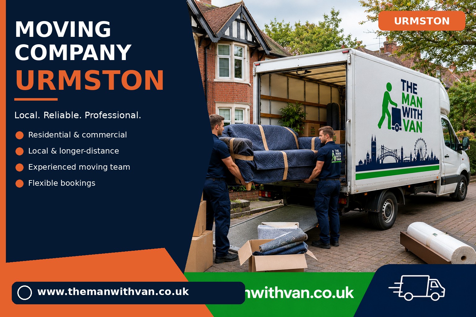 Moving team loading boxes and furniture for an Urmston removals job