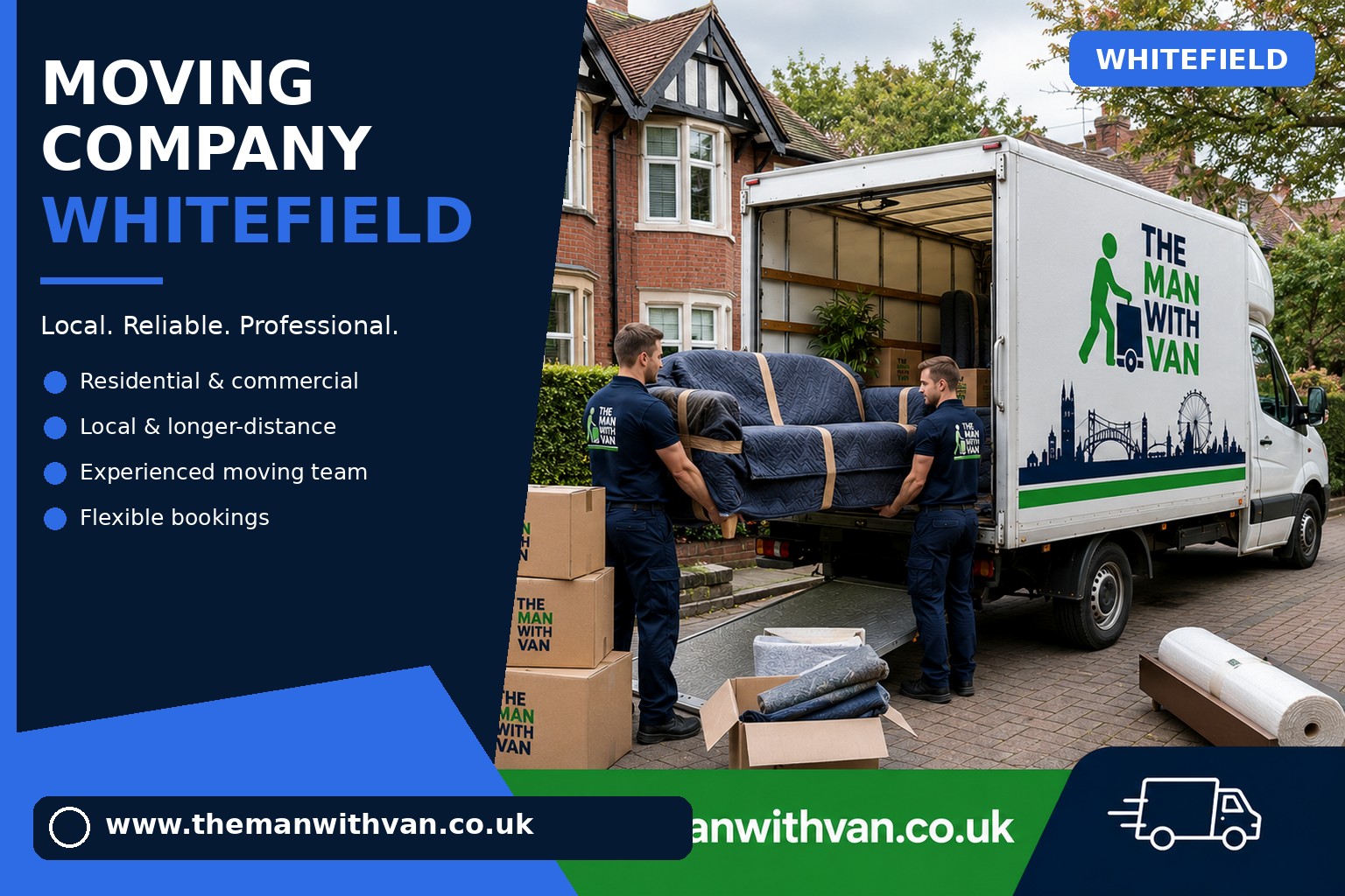 Moving team loading boxes and furniture for a Whitefield removals job
